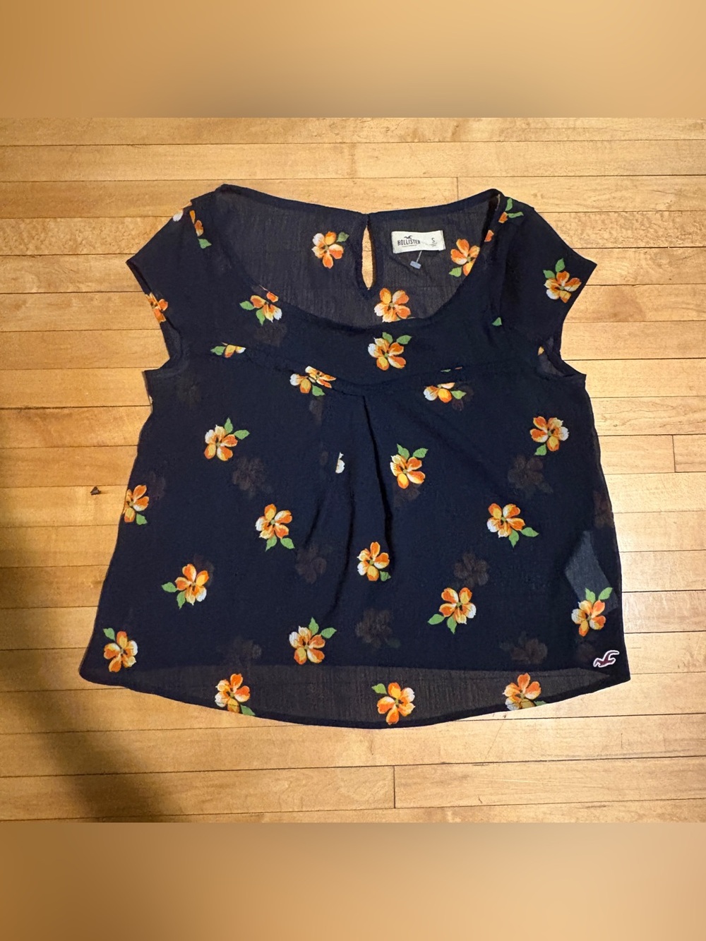 Hollister Navy Floral Cap Sleeve Blouse with Orange Blossoms